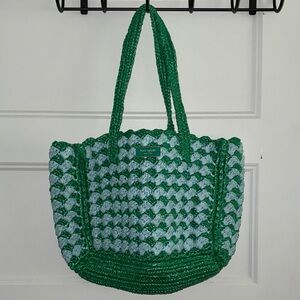 Kate Spade Green and Blue Raffia Tote